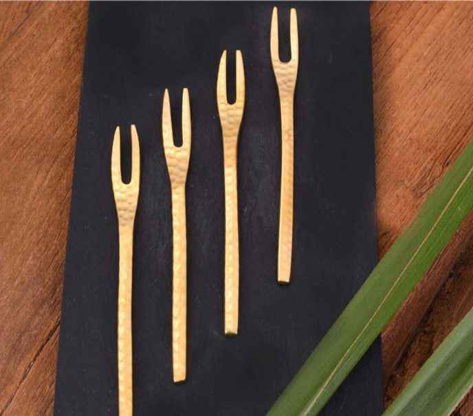 HAND BEATEN BRASS MINIATURE FRUIT FORKS (SET OF 4)