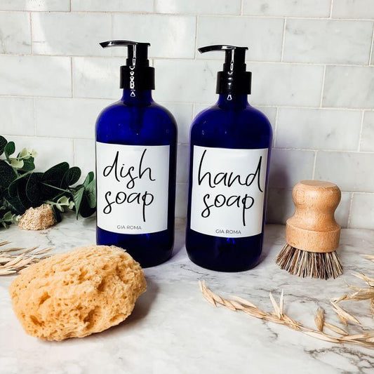 BLUE 16OZ BOSTON ROUND GLASS DISPENSERS (DISH & HAND SOAP)