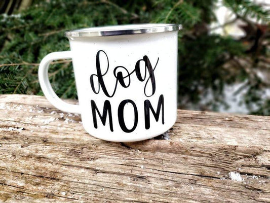 Funny Parenting Quote Gifts, Ceramic Double Sided Campfire Mug Style “DOG MOM” Mug